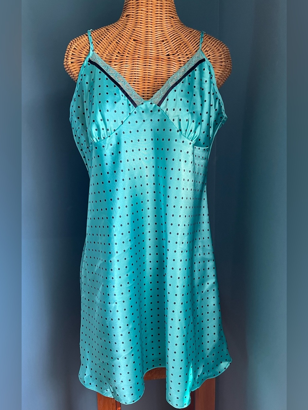 Liz Claiborne Teal Polka Dot Satin Sleep Chemise Nightgown XL EUC